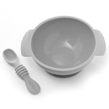Imagem de PrimaStella Conjunto De Tigela E Colher Mastigar Silicone Inquebrável Antiderrapante Para Bebês Crianças Pequenas (Pedra)