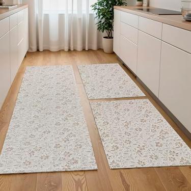 Imagem de Kit Tapetes e Passadeira de Cozinha 3 Peças Rústico Floral Antiderrapante (Caramelo)