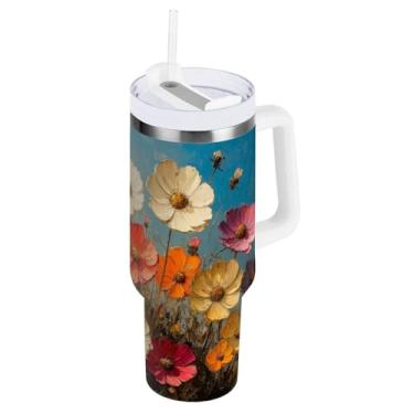 Imagem de ATTX Copo de pintura a óleo de flores silvestres de 850 g com alça, copo de aço inoxidável a vácuo de parede dupla com palha, caneca de café de viagem isolada #273