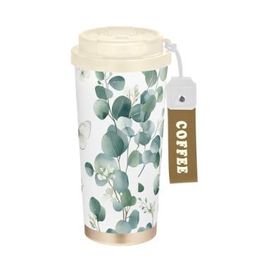 Imagem de SEHANY Caneca de viagem Green Leaves de 482 ml Copos de café reutilizáveis revestidos de cerâmica com tampa à prova de vazamento, parede dupla, isolamento a vácuo, copo de café de aço inoxidável para