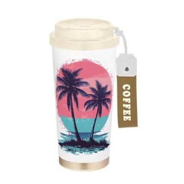 Imagem de SEHANY Caneca de viagem com palmeira de verão, 482 g, copos de café reutilizáveis revestidos de cerâmica com tampa à prova de vazamento, parede dupla, isolamento a vácuo, copo de café de aço