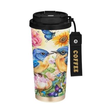 Imagem de SEHANY Caneca de café de viagem Blue Birds 482 g com tampa revestida de cerâmica e à prova de vazamento, parede dupla, isolada a vácuo, copo de aço inoxidável para bebidas quentes e frias