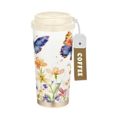 Imagem de SEHANY Caneca de viagem borboleta e flores de 482 ml Copos de café reutilizáveis revestidos de cerâmica com tampa à prova de vazamento, parede dupla, isolamento a vácuo, copo de café de aço inoxidável