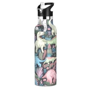 Imagem de Blueangle Garrafa de água de 590 ml com canudo - Garrafa de água esportiva de aço inoxidável sem BPA, design colorido à prova de vazamento de dinossauro para academia, atividades ao ar livre