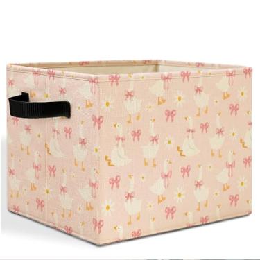 Imagem de HSIASHENG Caixa de armazenamento de ganso floral de laço rosa com alças, decoração de berçário de ganso, cesto de roupa suja dobrável, organizador de brinquedos para quarto de meninas, sala de jogos