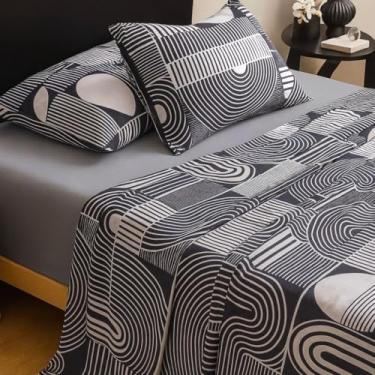 Imagem de Jogo de Lençol 4 Peças Percal 400 Fios Toque Macio Queen King Cama Casal Luxo Premium(Gométrico Marinho,Queen Size)