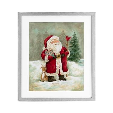 Imagem de Stupell Industries "Joyful Santa & Cuddling Reindeer", Impressão emoldurada sob vidro, cinza, 13 x 16