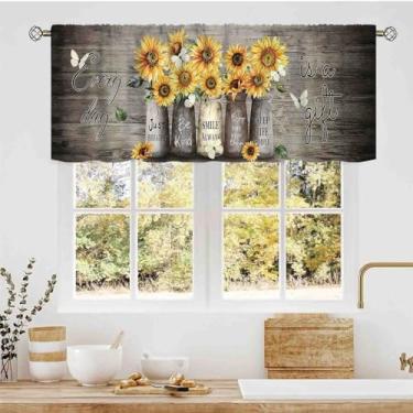 Imagem de Cortinas de cozinha de girassol, flores amarelas rústicas inspiradoras citações motivacionais com bolso de vara de madeira antigo, cortinas de saia de janela pequena para café, sala de estar, armário