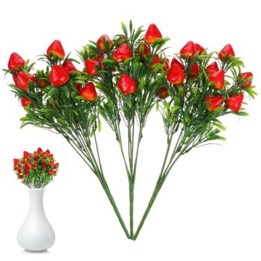 Imagem de NUOBESTY 3 peças de haste artificial de morango, adereços falsos de plantas de morango, ramo de ramo para decoração de casa, decoração de festa, 26 x 20 cm