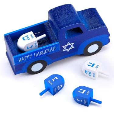 Imagem de Kathfly 5 peças de mesa de Hanukkah com decoração de mesa Dreidel Chanukkah mesa de madeira centro de mesa rústica judaico azul Dreidel sinal de madeira Hanukkah decorações para casa interior mesa