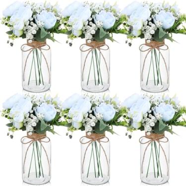 Imagem de Zeyune 6 conjuntos de vasos de vidro vintage com peônia artificial, buquês de flores, centro de mesa, decoração de casa de fazenda para casamento, arranjo floral, festa, decoração de mesa de casa