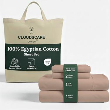 Imagem de Jogo de cama king size de algodão egípcio de camada dupla Cloud Scape Linen – Trama de cetim de fibra longa, conjunto de cama macio de qualidade hoteleira de 4 peças, bolsos profundos de até 41 cm