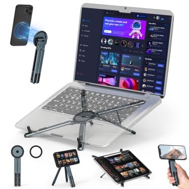 Imagem de Suporte de laptop portátil para viagem, suporte para tablet de mesa 3 em 1, suporte magnético para celular, tripé, para laptops de 10 a 15,6 polegadas e tablets/telefones de 4 a 13 polegadas, metal