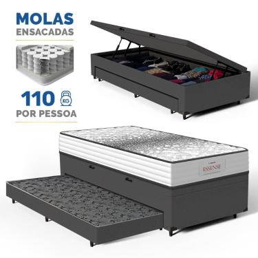 Imagem de Cama Box Baú com Colchão de Molas Ensacadas Double Face Essence Probel + Auxiliar Solteiro 88cm