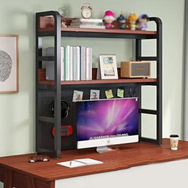 Imagem de Estante para armazenamento de mesa placa de 2 camadas com furos moldura de aço grossa e material de placa de madeira, super rolamento de carga para dormitório, casa, escritório (cor: preto + teca