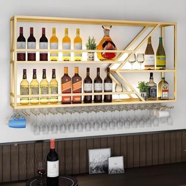 Imagem de Rack de vinho dourado montado na parede com luz LED, prateleira de garrafa de licor flutuante de 2 níveis, grande armazenamento de barra de metal com suporte de taça de vinho, design multifuncional