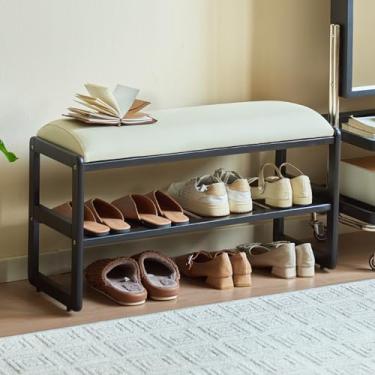Imagem de Banco de armazenamento de sapatos 2 em 1 com assento acolchoado, entrada de madeira e banco de quarto, organizador de sapatos elegante para sala de estar e corredor (80 cm / 31,5 pol.)