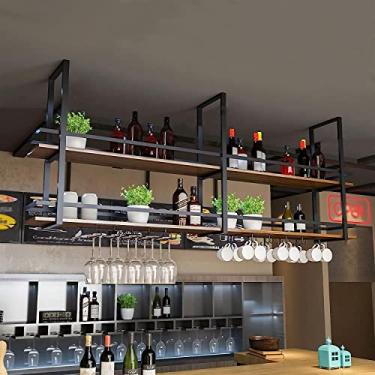 Imagem de Rack de garrafa de vinho industrial de 2 camadas - Rack de vinho de teto de metal com suporte e prateleira de vidro, exibição vintage para cozinha, bar, café - solução de armazenamento de vinho
