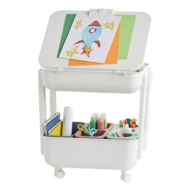 Imagem de Carrinho De Artes Infantil Com Rodas Mesa Cavalete 3 Caixas Branco