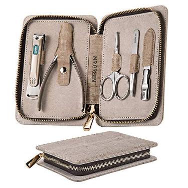 Imagem de Conjunto de 5 peças de manicure e pedicure, cortador de unhas profissional de aço inoxidável com estojo de couro