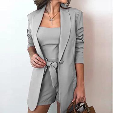 Imagem de Conjunto de 3 peças blazer jaqueta curta e colete feminino casual escritório negócios casamento terno slim fit blazer calça colete, cinza, 3GG