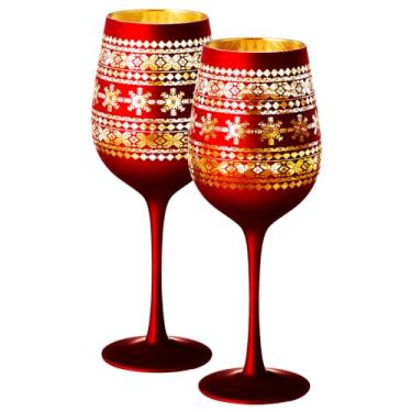 Imagem de Copos de vinho e água de cristal de Natal para árvore de inverno - Conjunto de 2 - Vidro fosco com tema de inverno vermelho e dourado gravado no País das Maravilhas - Festas sazonais perfeitas
