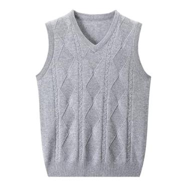 Imagem de Suéter masculino grosso fino gola V tricotado colete de malha pulôver sem mangas lã quente, Cinza-claro, G