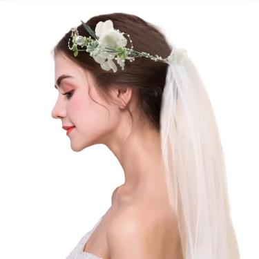 Imagem de Coroa floral de noiva com véu, coroa boêmia para casamento ao ar livre, coroa de cabelo com flores, pérolas, adereço para fotos para mulheres e meninas (B7208)