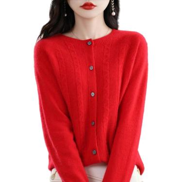 Imagem de Cardigan feminino sem costura cardigan feminino gola redonda cardigã de malha outono e inverno fino moda quente suéter básico, vermelho, xl