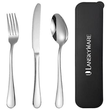 Imagem de Conjunto de utensílios portáteis com capa, conjunto de talheres reutilizável para escritório, garfo de aço inoxidável 3 peças saudável e ecológico, colher, talheres de facas ideais para viagens, lancheira e acampamento (prata-3 peças)