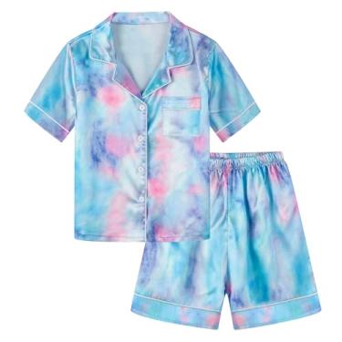 Imagem de Schbbbta Conjunto de pijama de cetim para meninas e mulheres, pijama de botão de seda 2 peças, 3 anos - feminino 2GG, Tie Dye azul, rosa, XXG