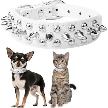 Imagem de Pimaodog Coleira de cachorro cravejada com pontas, coleira de cachorro de couro macio ajustável para cães pequenos e médios Bulldog Pitbull Mastim Poodle Boxer (M, Branco-2)