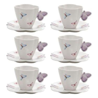 Imagem de Jogo de 6 Xícaras de Chá com Pires Porcelana 200ml Borboletas - wolff