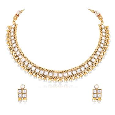 Imagem de Aheli Conjunto de colar e brincos cravejados de cristal branco banhado a ouro e pérola bebê joias étnicas presente para mulheres, Onesize, Cobre, Cristal e pérola de bebê