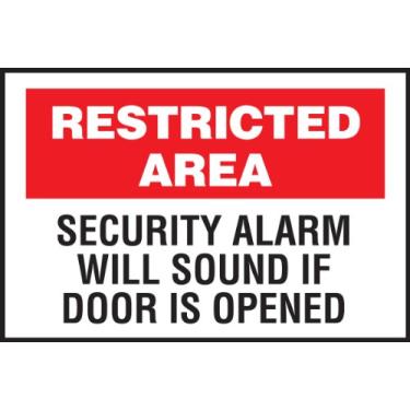 Imagem de Brady 95478 Plástico, 25,4 cm x 35,5 cm Placa de área restrita Legenda "Alarme de segurança soará se a porta for aberta"