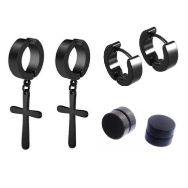 Imagem de Kit Brinco Argolinha E Cruz Preto  + 1 Alargador Magnetico - AIEVUOG