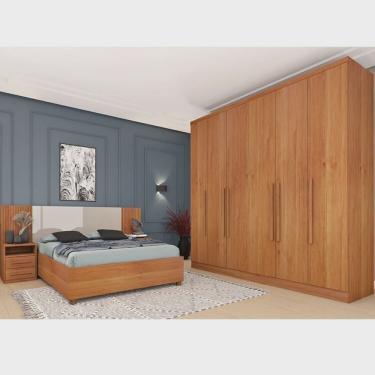 Imagem de Quarto Casal Completo Roupeiro Veneza 4 Gavetas Painel Ripado com Mesa de Cabeira 2 Gavetas
