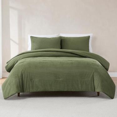 Imagem de Lush Decor Arden Conjunto de 3 peças de veludo cotelê canelado casal/Queen Olive - conjunto de cama verde - edredom de veludo macio - roupa de cama para adolescentes - decoração retrô