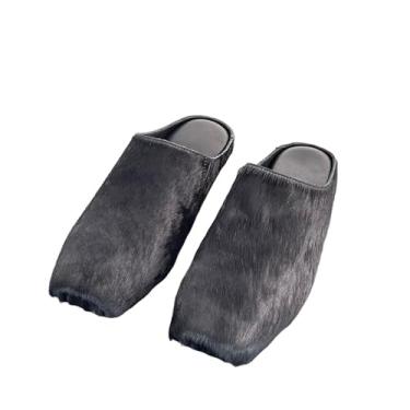 Imagem de Sapatos de verão femininos vintage lavados couro legítimo bailarina bico quadrado mules chinelos femininos, Crina de cavalo, 37