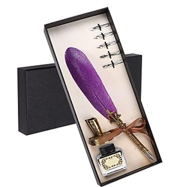 Imagem de Conjunto de Caneta Tinteiro retrô de Penas, Caneta de Imersão, Caneta de Assinatura para Presente de Negócios, Caneta de Metal Esculpida Com Conjunto de Tinta (Roxo Escuro)