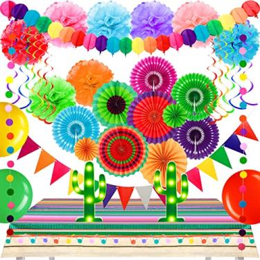 Imagem de 64 peças de decoração de festa Fiesta, toalhas de mesa de plástico multicoloridas Cinco de Mayo, flores de pompom, bandeiras triangulares de bolinhas, balões de látex, luz de cacto de LED