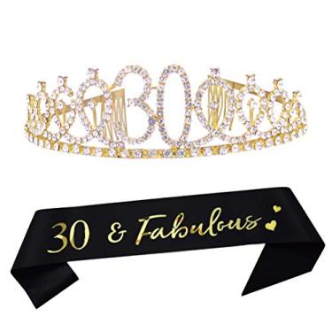 Imagem de Tiara e faixa de aniversário de 30 anos em ouro 30º aniversário Artigos de festa 30 fabulosos cinza com glitter e tiara de cristal princesa coroa de aniversário para meninas 30º aniversário decorações de festa