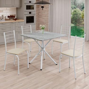 Imagem de Conjunto Sala De Jantar Mesa Quadrada 70x70cm Tampo Granito Topázio 4 Cadeiras Rio Creme / Branco