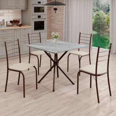 Imagem de Conjunto Sala De Jantar Mesa Quadrada 70x70cm Tampo Granito Topázio 4 Cadeiras Rio Creme / Marrom
