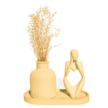 Imagem de Kit 3 Peças Decoração Estátua Pensadora Garrafa Listrada E Bandeja Amarelo