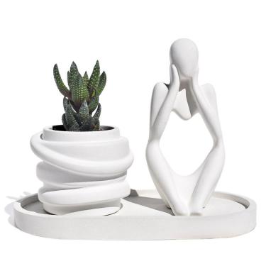 Imagem de Conjunto Decorativo 3 Peças Estátua Pensadora Vaso Saturno Bandeja Branco
