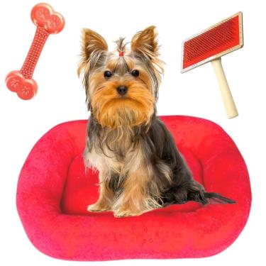 Imagem de Kit Cama Pet Luxo 40x40 Com Osso Massageador E Rasqueadeira Vermelho