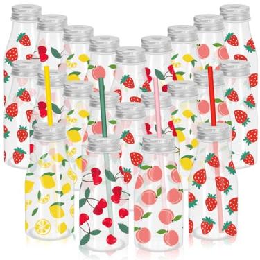 Imagem de FYSUIMU 24 garrafas de plástico de 227 g com tampas, canudos, frascos de leite transparentes e adesivos de frutas, recipiente para bebidas de suco, para lembrancinhas de festa de chá de bebê de verão