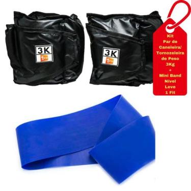 Imagem de Kit Caneleira/Tornozeleira Peso 3Kg + Mini Band Nível Leve Azul 1 Fit