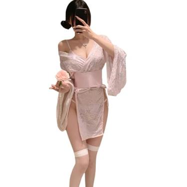 Imagem de SENJIY sexy kimono lingerie for women cosplay costume robe Cute open front Deep V-Neck Floral Pattern short dress Mini Skirt Bikini Yukata Anime Roleplay Sleepwear Pajamas outfit set pink